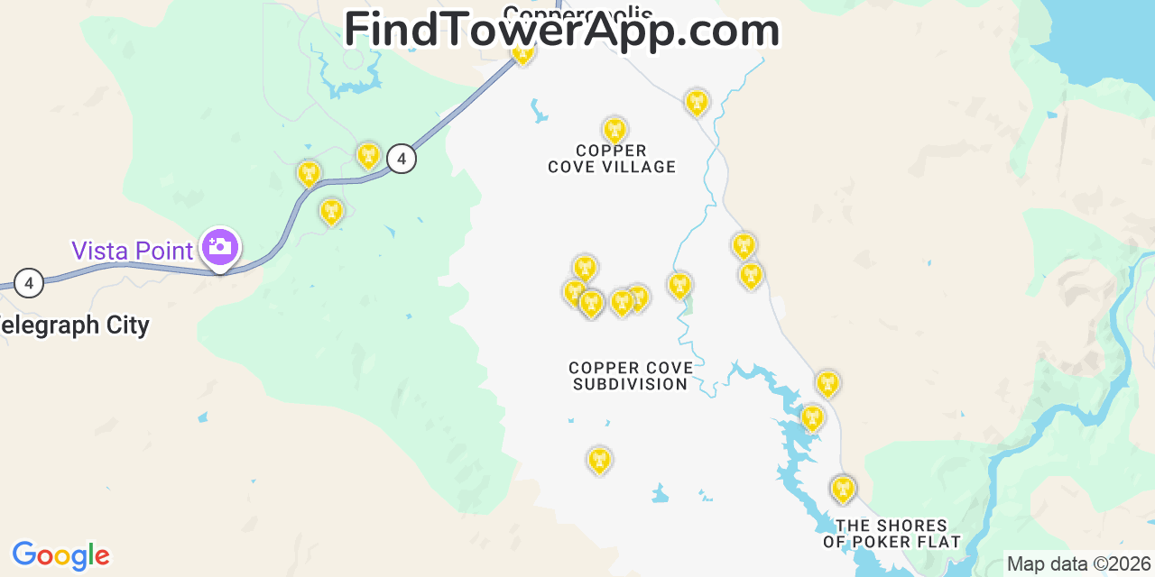 Map showing the 20 primary cell tower locations detected in Copperopolis, California from AT&T, Verizon, and T-Mobile networks