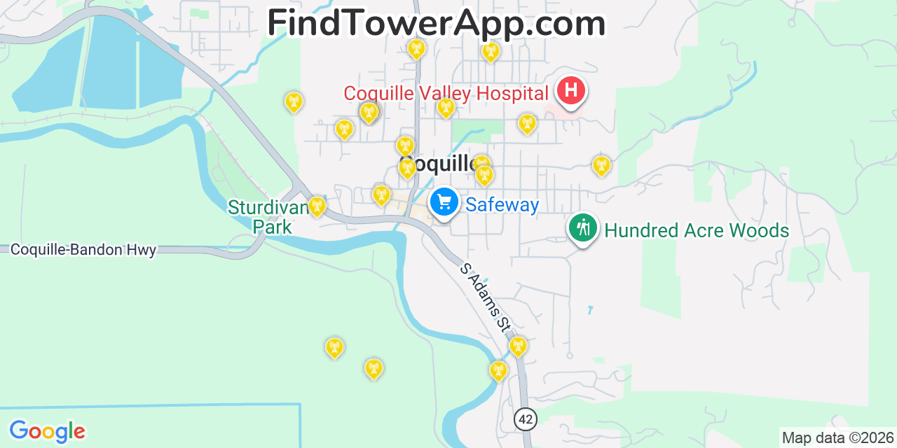 Map showing the 20 primary cell tower locations detected in Coquille, Oregon from AT&T, Verizon, and T-Mobile networks