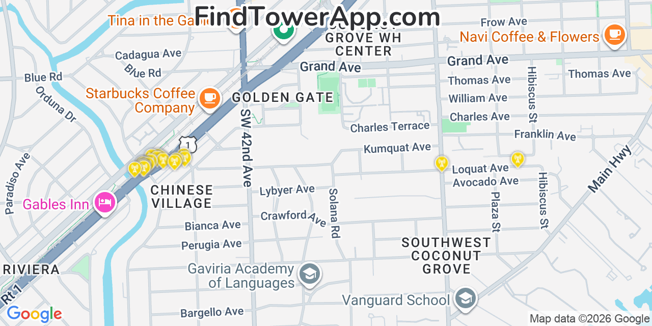 Map showing the 20 primary cell tower locations detected in Coral Gables, Florida from AT&T, Verizon, and T-Mobile networks