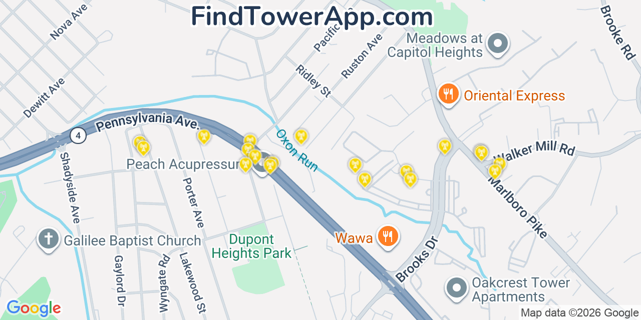 Map showing the 20 primary cell tower locations detected in Coral Hills, Maryland from AT&T, Verizon, and T-Mobile networks