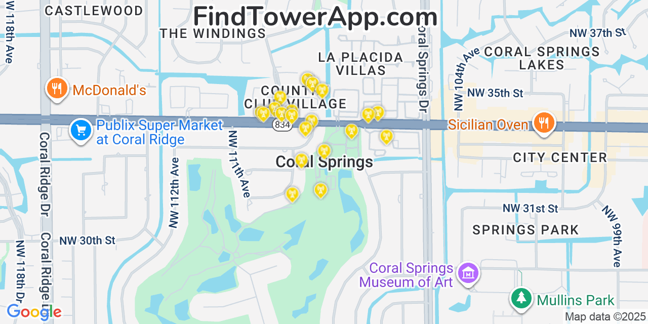 Map showing the 20 primary cell tower locations detected in Coral Springs, Florida from AT&T, Verizon, and T-Mobile networks