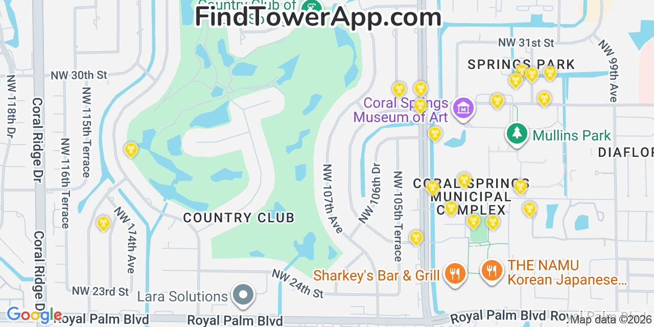 Map showing the 20 primary cell tower locations detected in Coral Springs, Florida from AT&T, Verizon, and T-Mobile networks