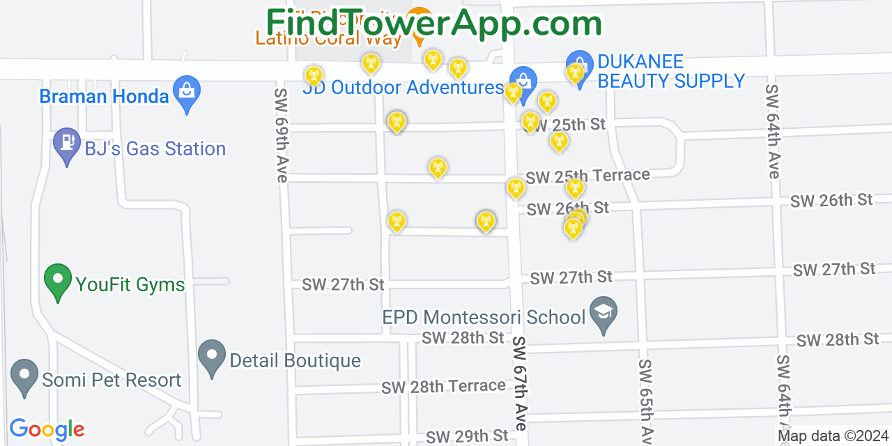 AT&T 4G/5G cell tower coverage map Coral Terrace, Florida