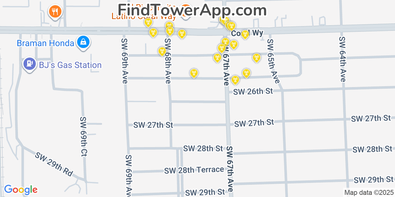 Map showing the 20 primary cell tower locations detected in Coral Terrace, Florida from AT&T, Verizon, and T-Mobile networks