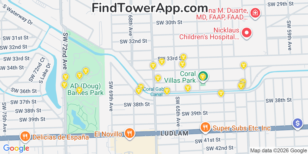 Map showing the 20 primary cell tower locations detected in Coral Terrace, Florida from AT&T, Verizon, and T-Mobile networks