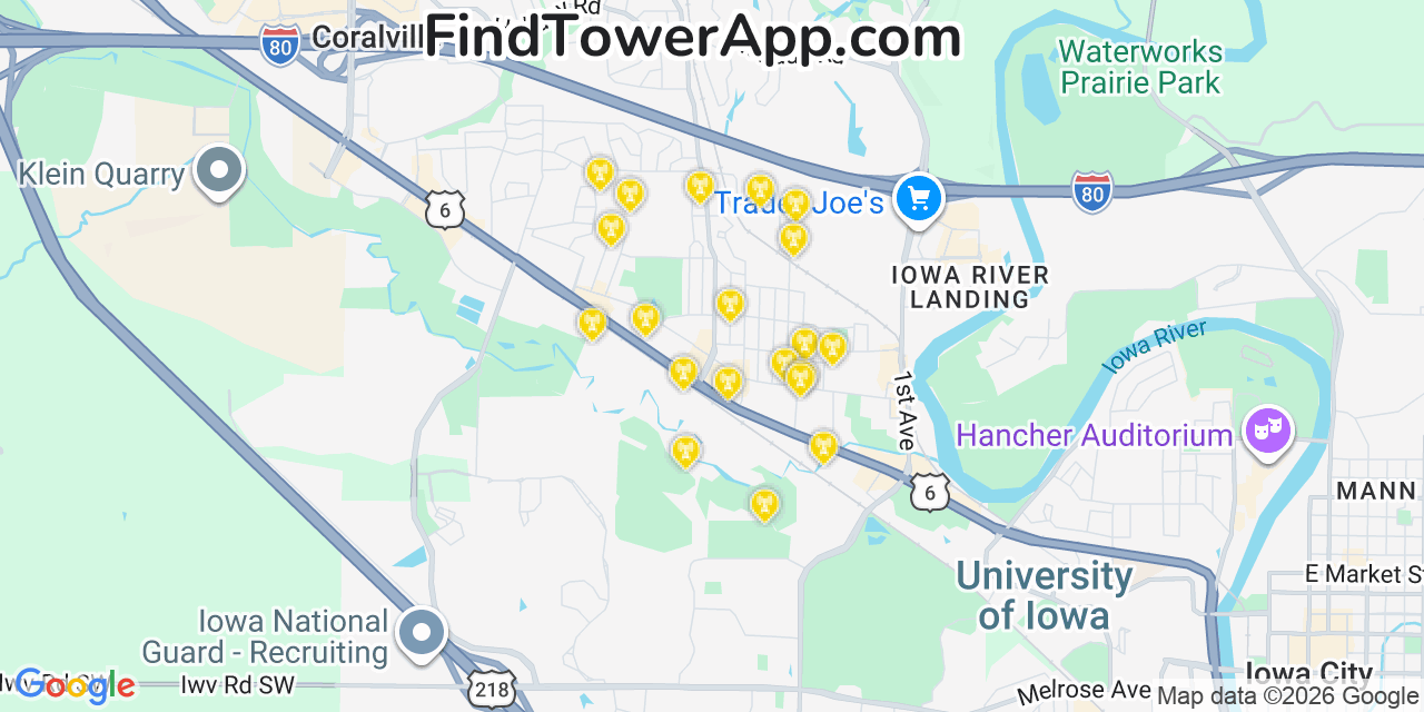 Map showing the 20 primary cell tower locations detected in Coralville, Iowa from AT&T, Verizon, and T-Mobile networks