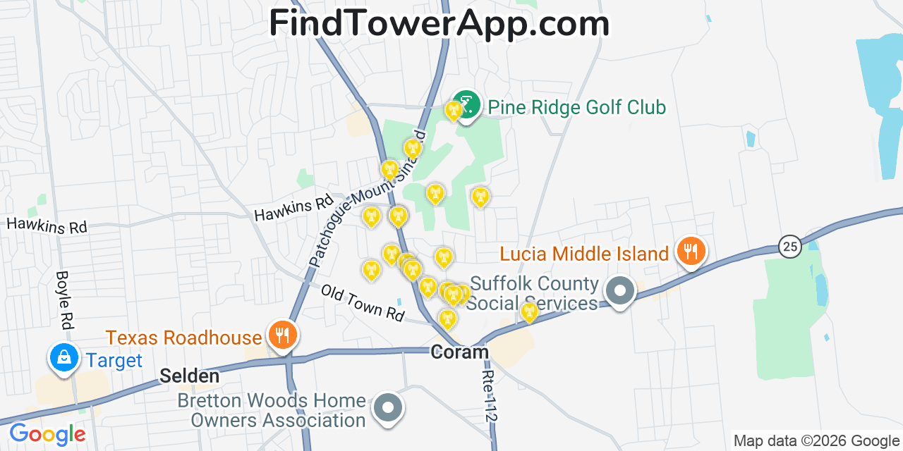 Map showing the 20 primary cell tower locations detected in Coram, New York from AT&T, Verizon, and T-Mobile networks