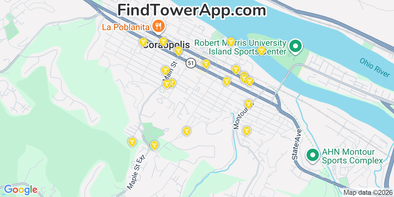 Map showing the 20 primary cell tower locations detected in Coraopolis, Pennsylvania from AT&T, Verizon, and T-Mobile networks