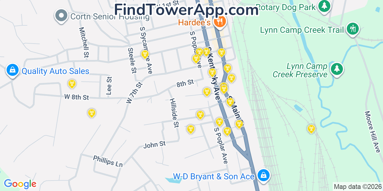 Map showing the 20 primary cell tower locations detected in Corbin, Kentucky from AT&T, Verizon, and T-Mobile networks