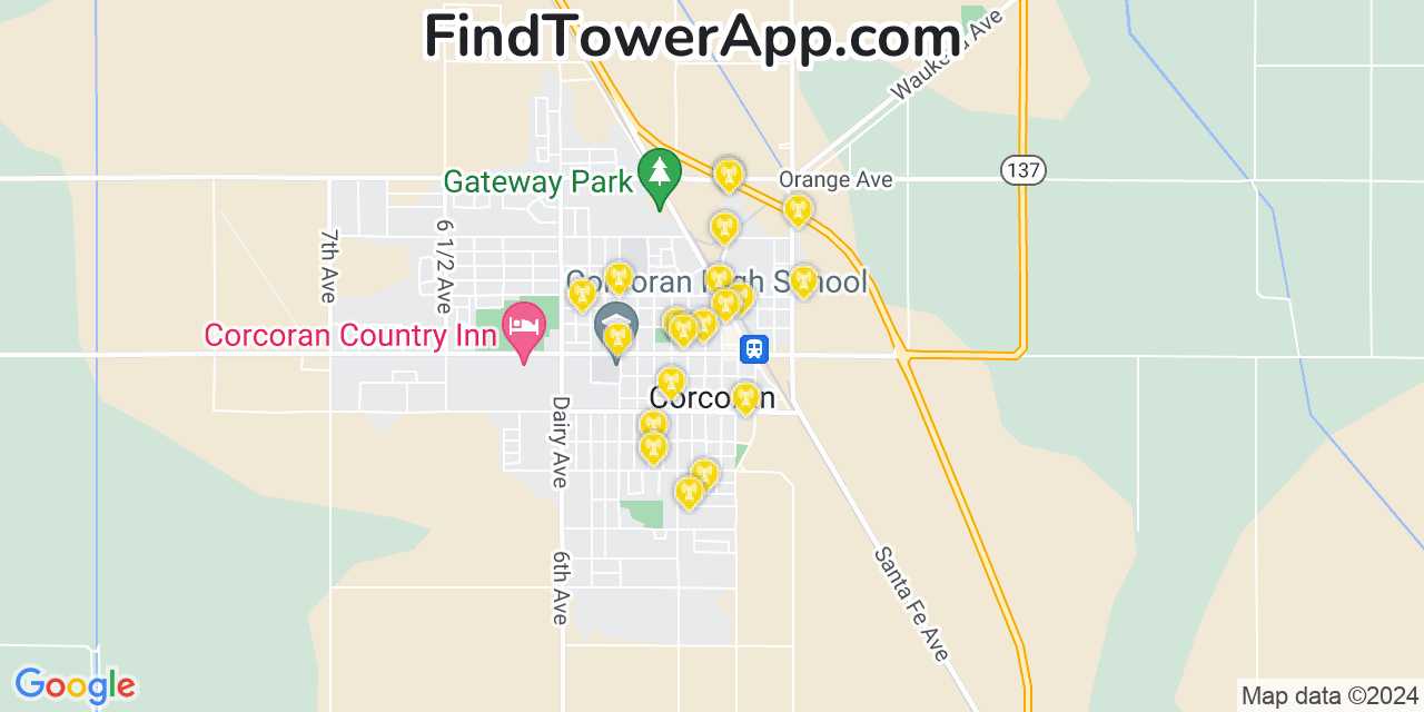 AT&T 4G/5G cell tower coverage map Corcoran, California