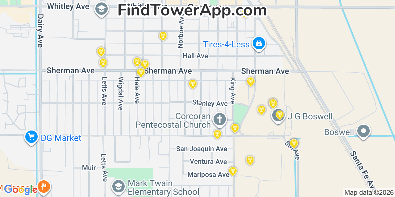 Map showing the 20 primary cell tower locations detected in Corcoran, California from AT&T, Verizon, and T-Mobile networks