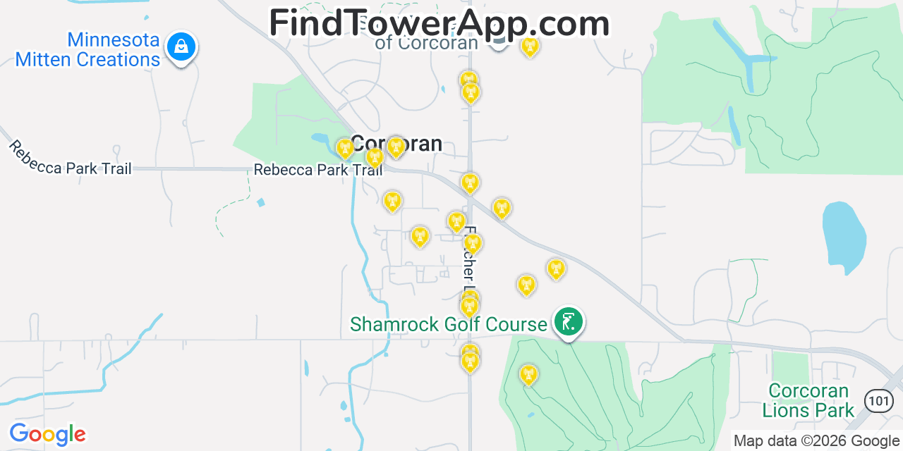 Map showing the 20 primary cell tower locations detected in Corcoran, Minnesota from AT&T, Verizon, and T-Mobile networks