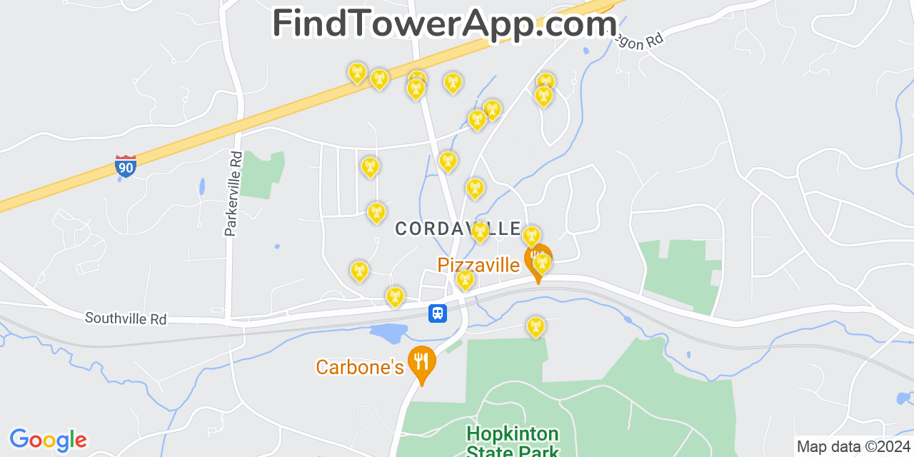 AT&T 4G/5G cell tower coverage map Cordaville, Massachusetts