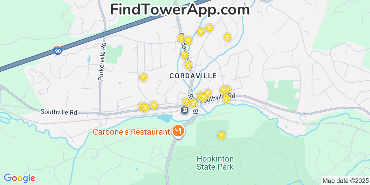 Map showing the 20 primary cell tower locations detected in Cordaville, Massachusetts from AT&T, Verizon, and T-Mobile networks