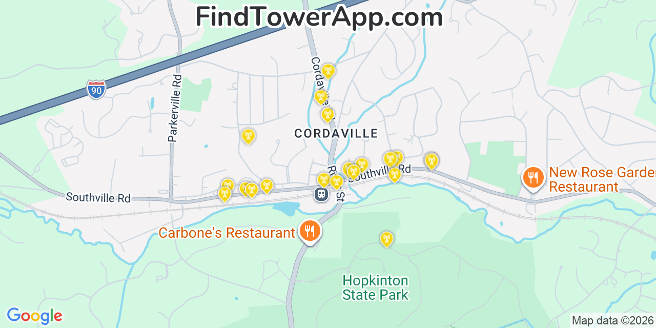 Map showing the 20 primary cell tower locations detected in Cordaville, Massachusetts from AT&T, Verizon, and T-Mobile networks
