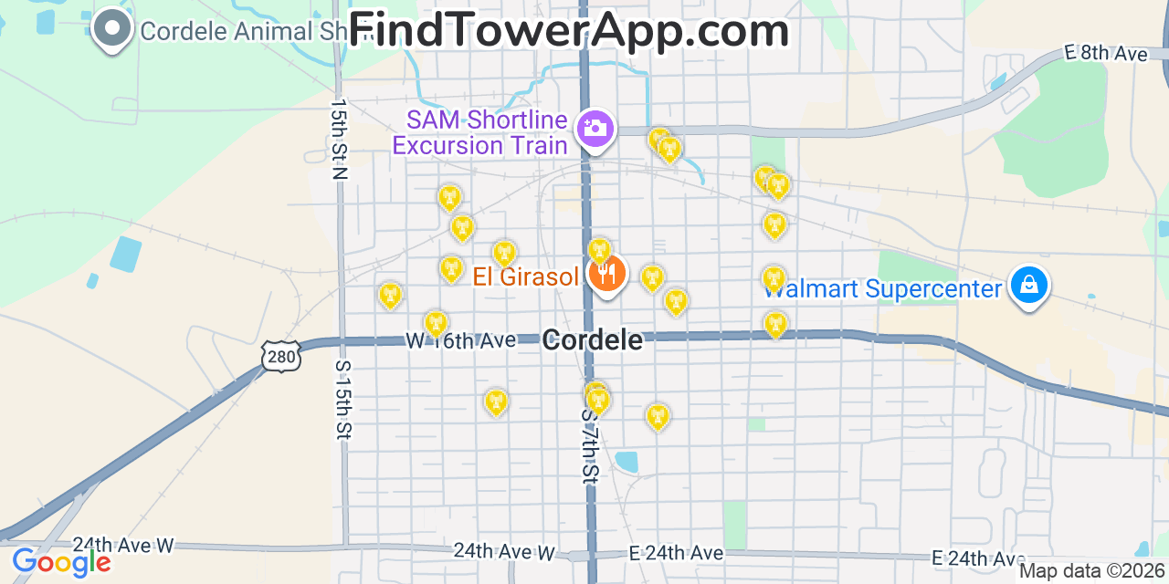 Map showing the 20 primary cell tower locations detected in Cordele, Georgia from AT&T, Verizon, and T-Mobile networks