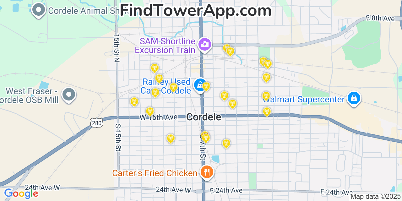 Map showing the 20 primary Mobitel cell tower locations detected in Cordele, Georgia with coverage radius and signal strength indicators