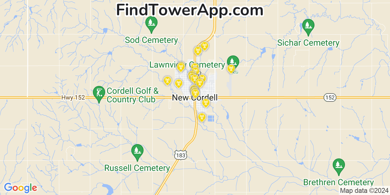 AT&T 4G/5G cell tower coverage map Cordell, Oklahoma