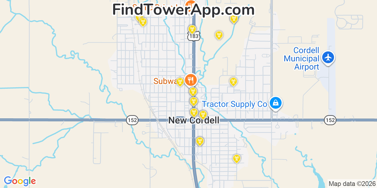Map showing the 20 primary cell tower locations detected in Cordell, Oklahoma from AT&T, Verizon, and T-Mobile networks
