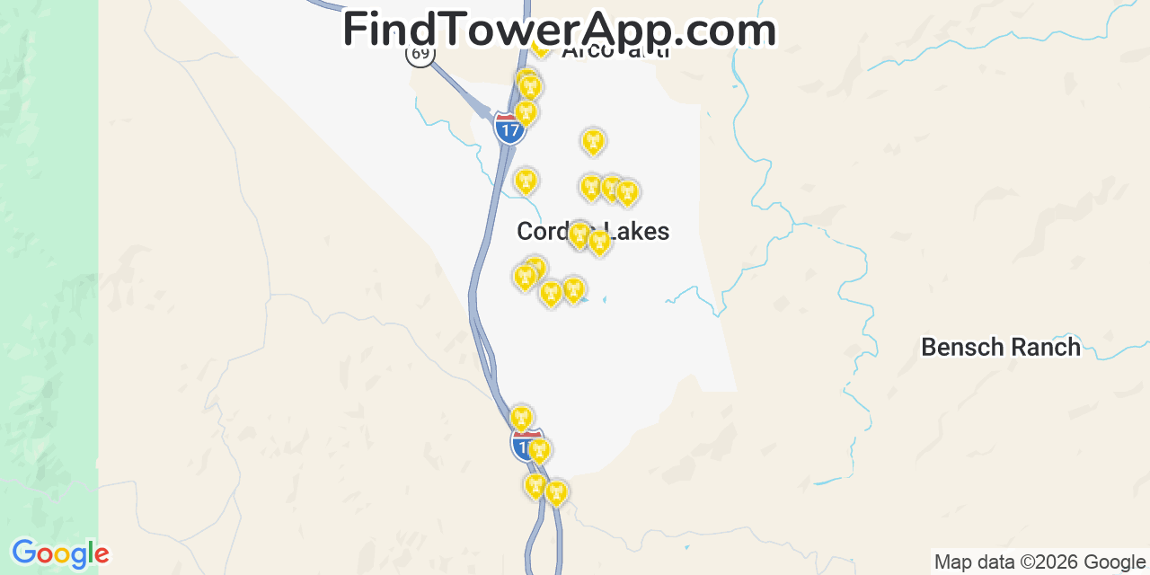 Map showing the 20 primary cell tower locations detected in Cordes Lakes, Arizona from AT&T, Verizon, and T-Mobile networks