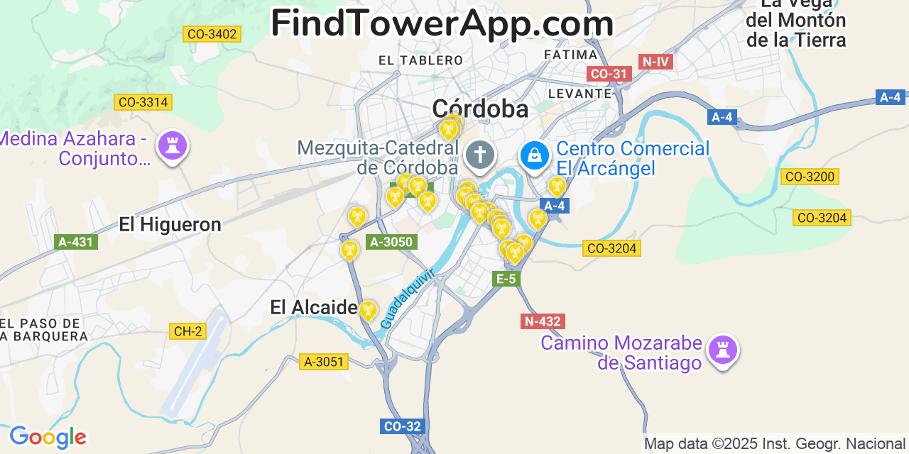 Map showing the 23 primary LycaMobile cell tower locations in Córdoba, Spain