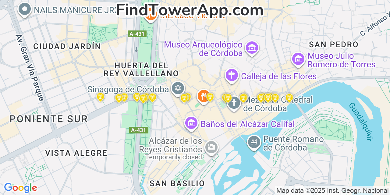 Map showing the 20 primary cell tower locations detected in Córdoba, Spain with coverage areas and signal strength
