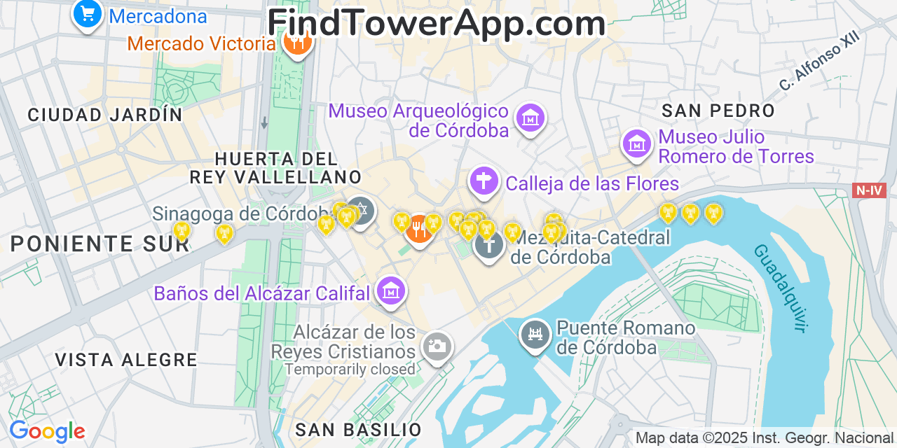 Map showing the 20 primary Movistar cell tower locations in Córdoba, Spain