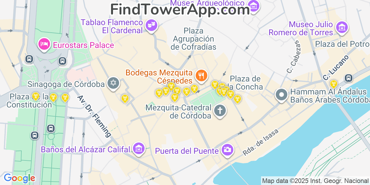 Map showing the 20 primary Orange cell tower locations in Córdoba, Spain