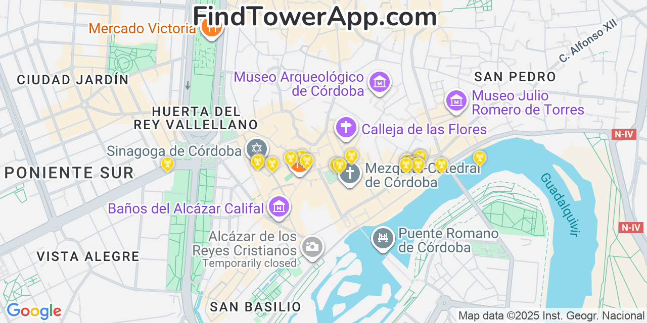 Map showing the 20 primary Vodafone cell tower locations in Córdoba, Spain