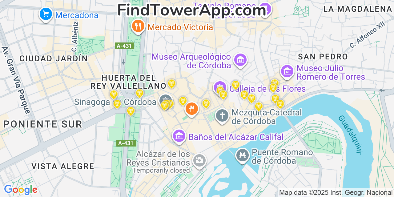 Map showing the 20 primary Yoigo cell tower locations in Córdoba, Spain