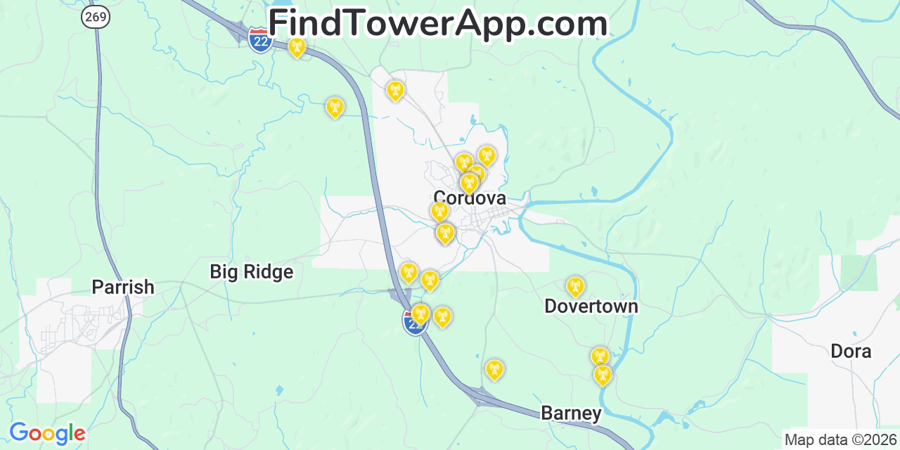 Map showing the 20 primary cell tower locations detected in Cordova, Alabama from AT&T, Verizon, and T-Mobile networks