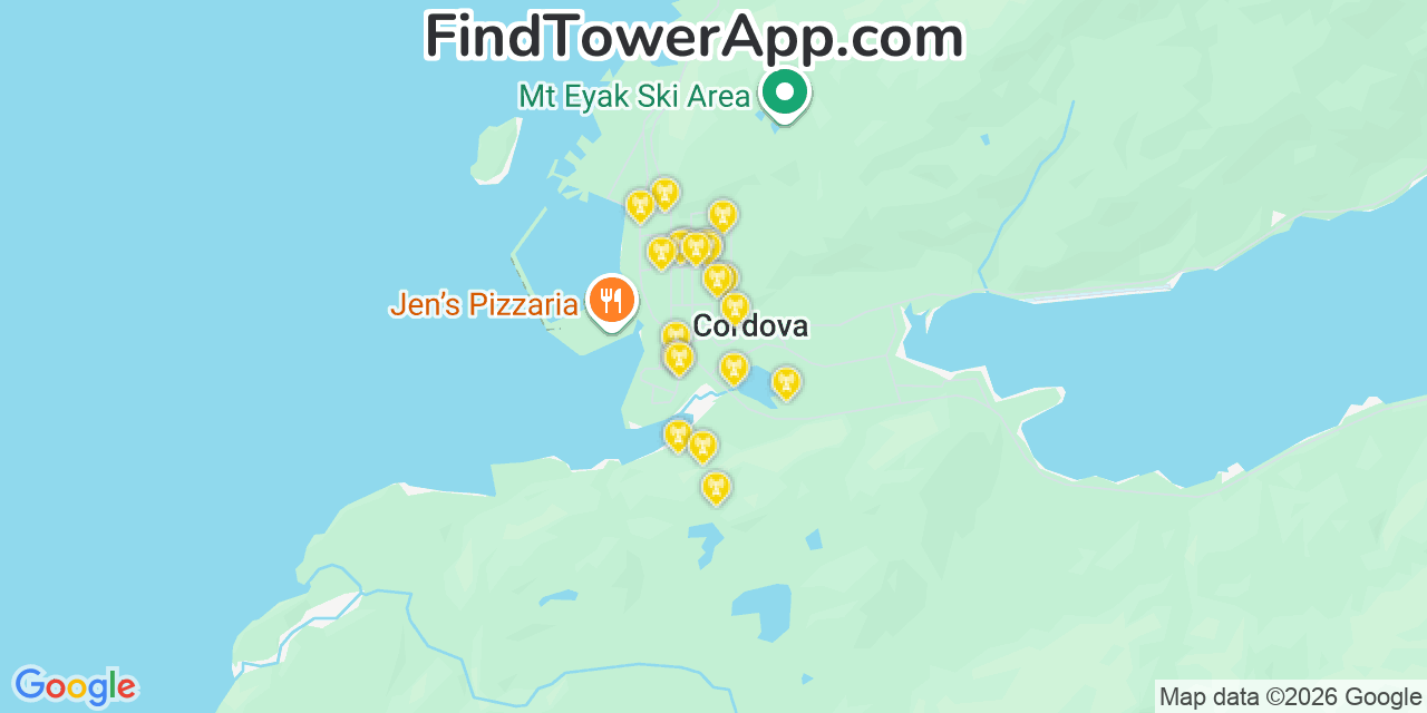 Map showing the 20 primary cell tower locations detected in Cordova, Alaska from AT&T, Verizon, and T-Mobile networks