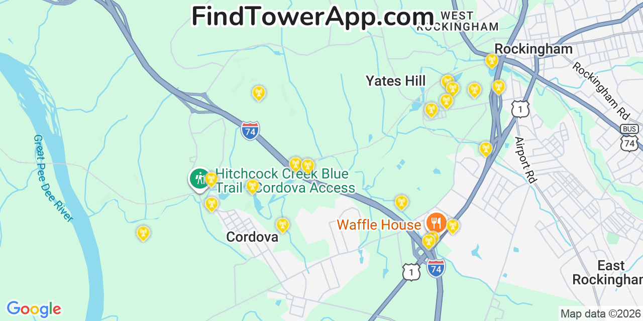 Map showing the 20 primary cell tower locations detected in Cordova, North Carolina from AT&T, Verizon, and T-Mobile networks