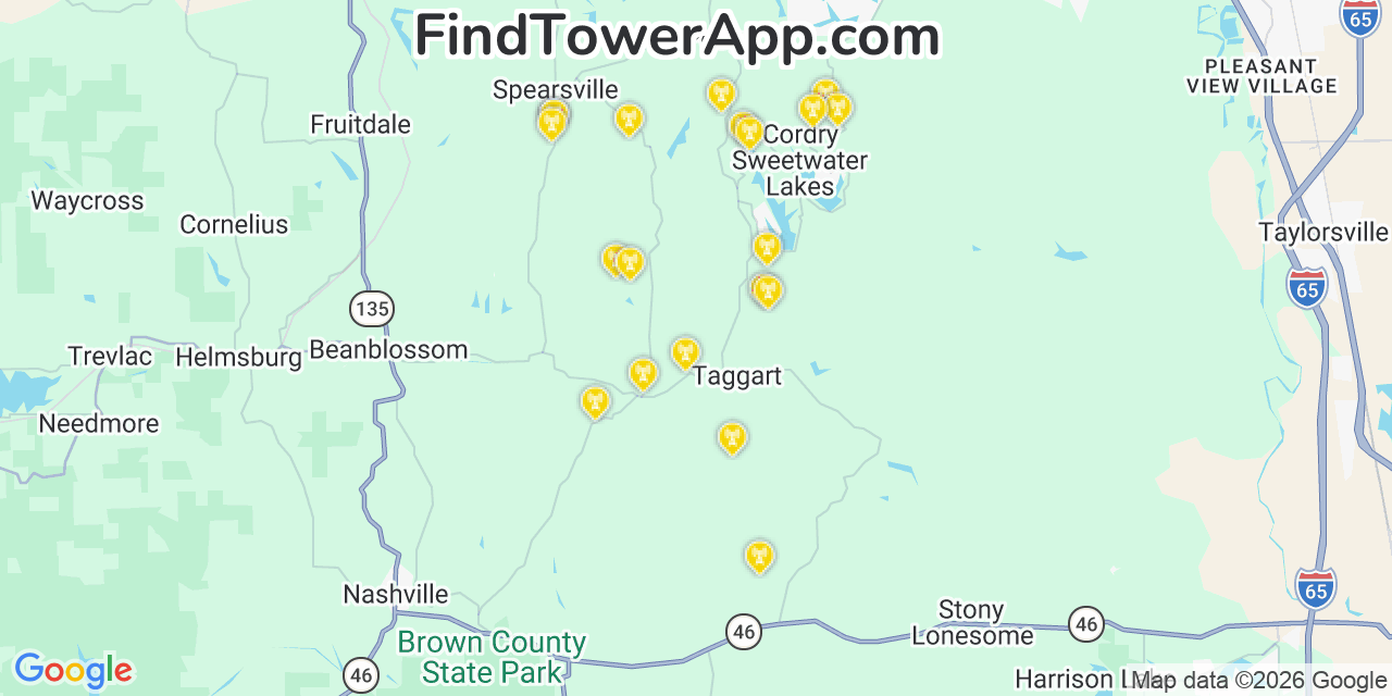 Map showing the 20 primary cell tower locations detected in Cordry Sweetwater Lakes, Indiana from AT&T, Verizon, and T-Mobile networks