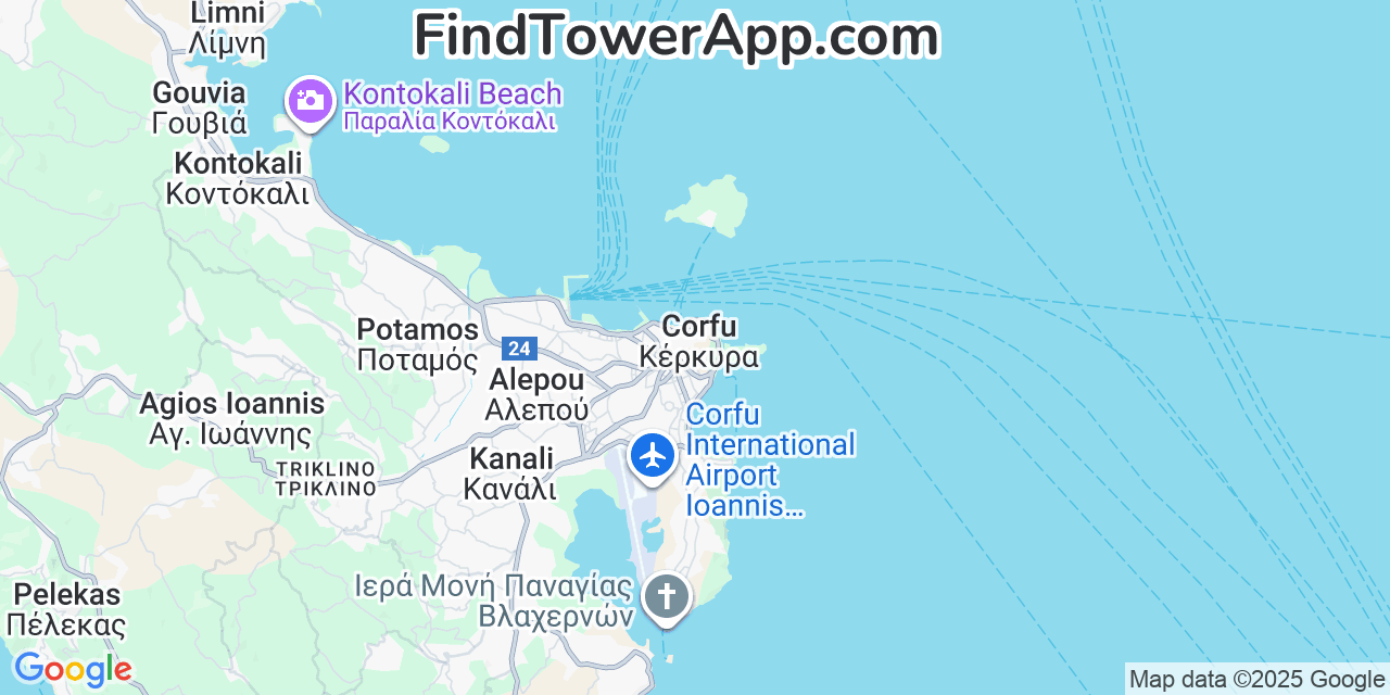 Map showing the 0 primary Cosmote cell tower locations detected in Corfu, Greece with coverage radius and signal strength indicators