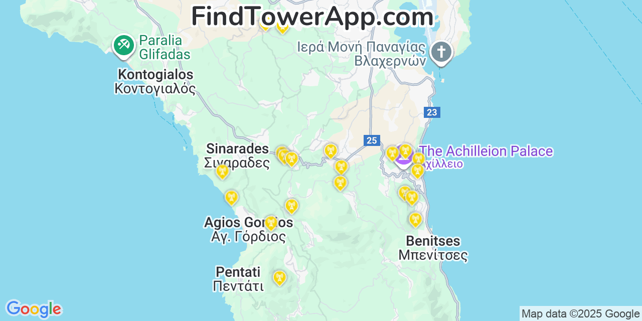Map showing the 20 primary cell tower locations detected in Corfu, Greece with coverage areas and signal strength