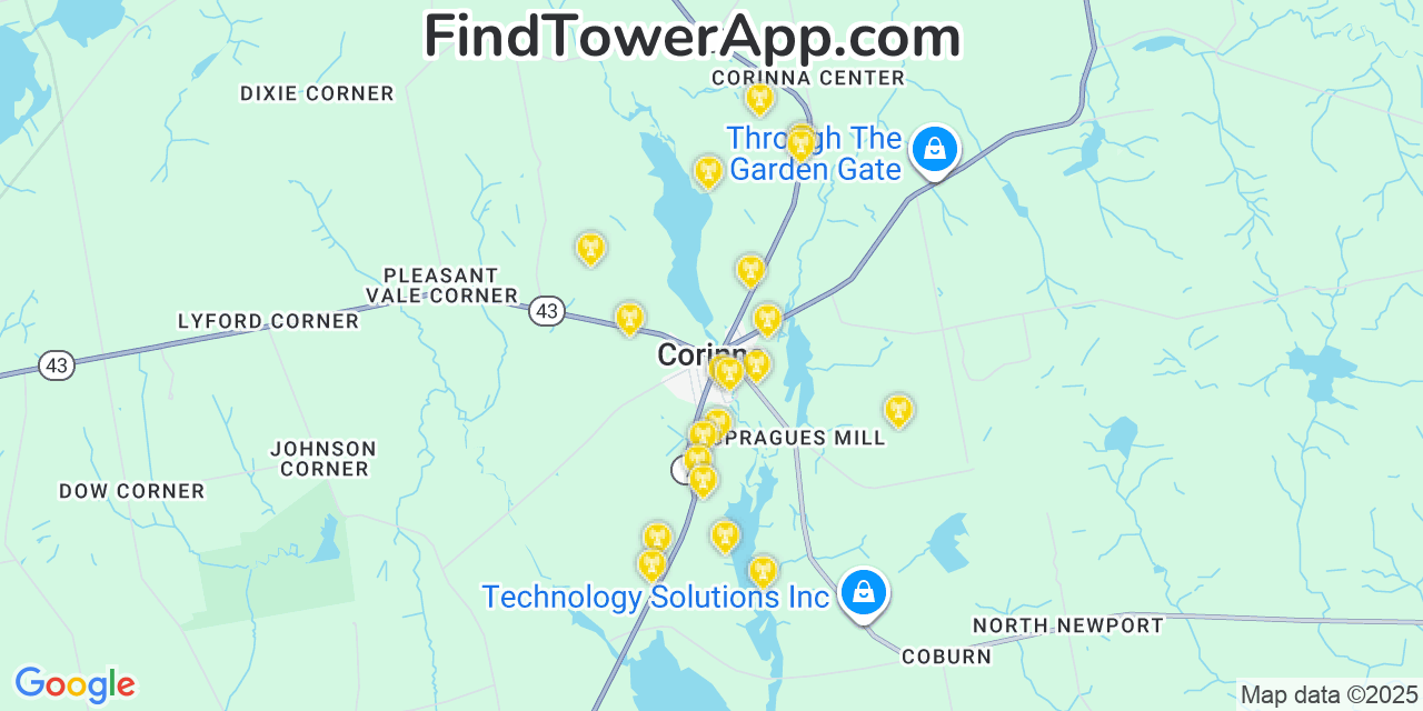 Map showing the 20 primary cell tower locations detected in Corinna, Maine from AT&T, Verizon, and T-Mobile networks