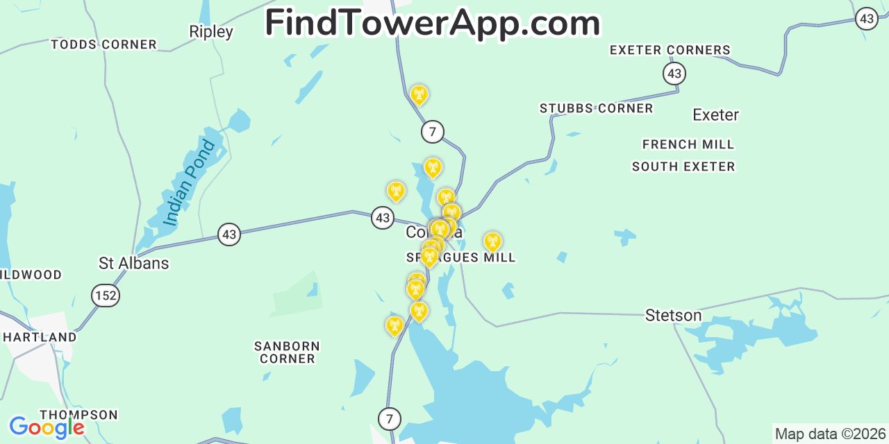 Map showing the 20 primary cell tower locations detected in Corinna, Maine from AT&T, Verizon, and T-Mobile networks