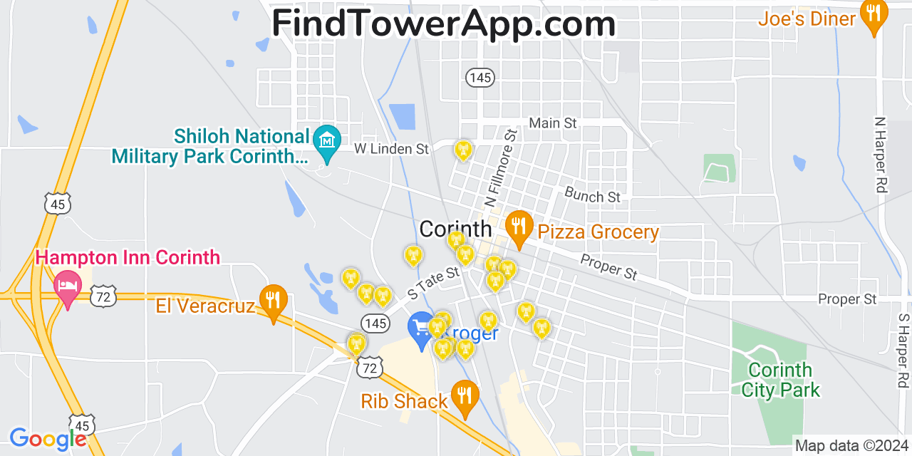 AT&T 4G/5G cell tower coverage map Corinth, Mississippi