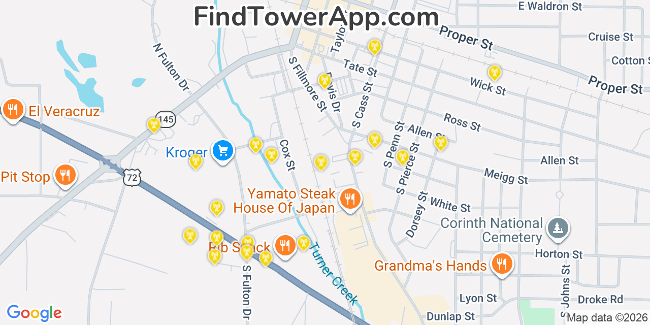 Map showing the 20 primary cell tower locations detected in Corinth, Mississippi from AT&T, Verizon, and T-Mobile networks