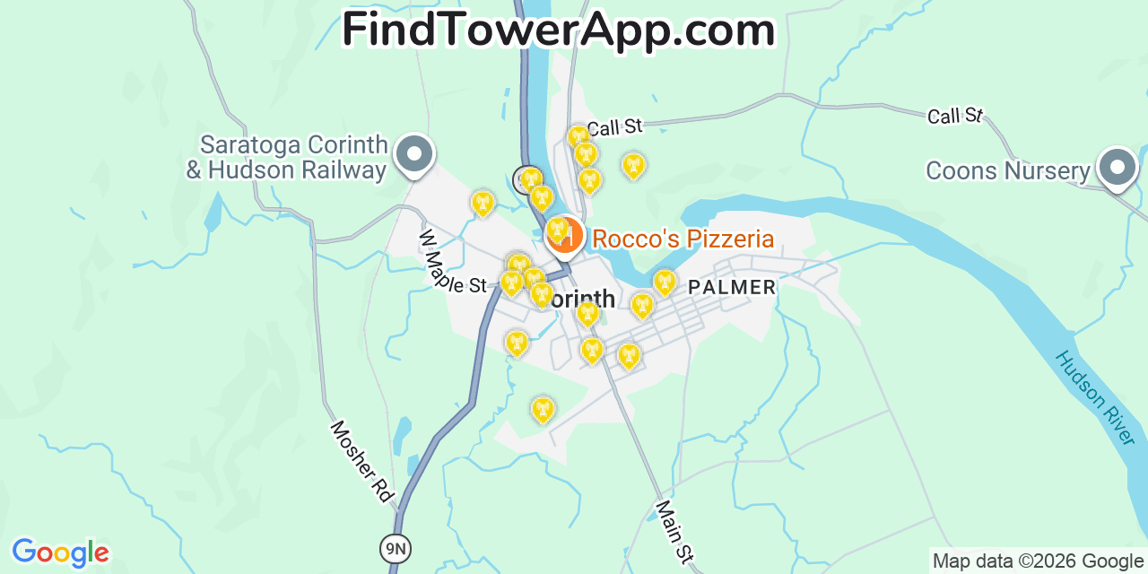Map showing the 20 primary cell tower locations detected in Corinth, New York from AT&T, Verizon, and T-Mobile networks