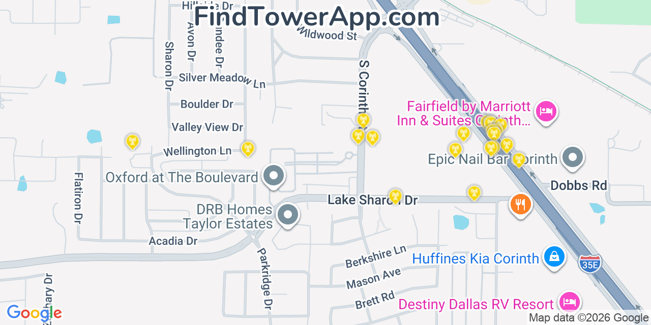 Map showing the 20 primary cell tower locations detected in Corinth, Texas from AT&T, Verizon, and T-Mobile networks