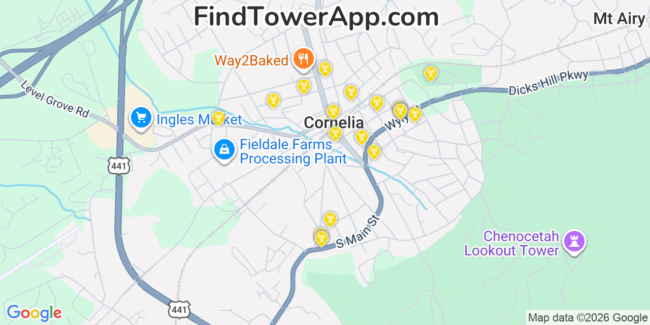 Map showing the 20 primary cell tower locations detected in Cornelia, Georgia from AT&T, Verizon, and T-Mobile networks