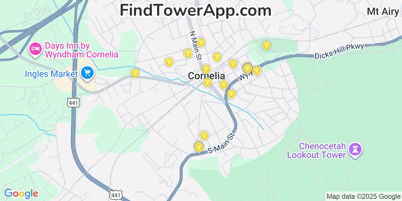 Map showing the 20 primary Mobitel cell tower locations detected in Cornelia, Georgia with coverage radius and signal strength indicators