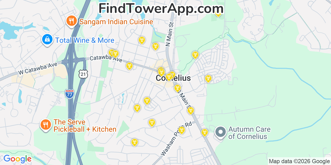 Map showing the 20 primary cell tower locations detected in Cornelius, North Carolina from AT&T, Verizon, and T-Mobile networks