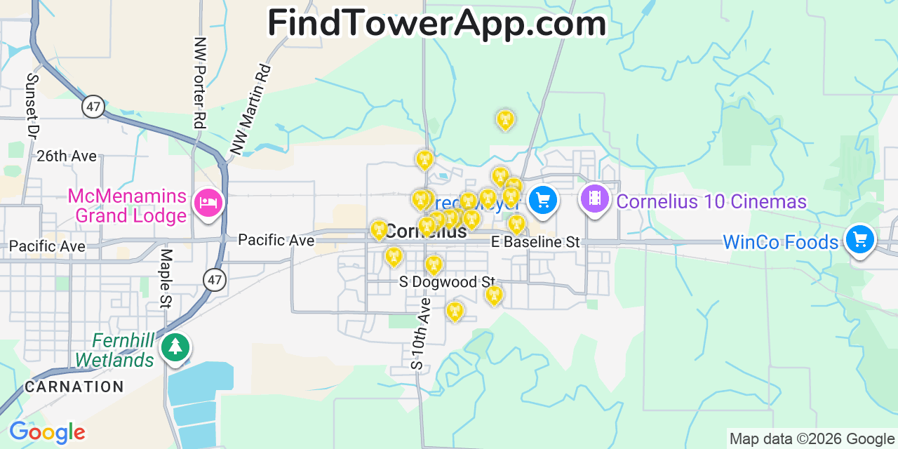 Map showing the 20 primary cell tower locations detected in Cornelius, Oregon from AT&T, Verizon, and T-Mobile networks