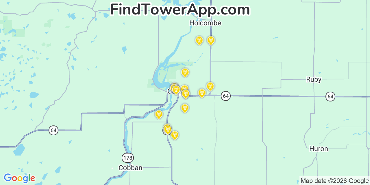 Map showing the 20 primary cell tower locations detected in Cornell, Wisconsin from AT&T, Verizon, and T-Mobile networks