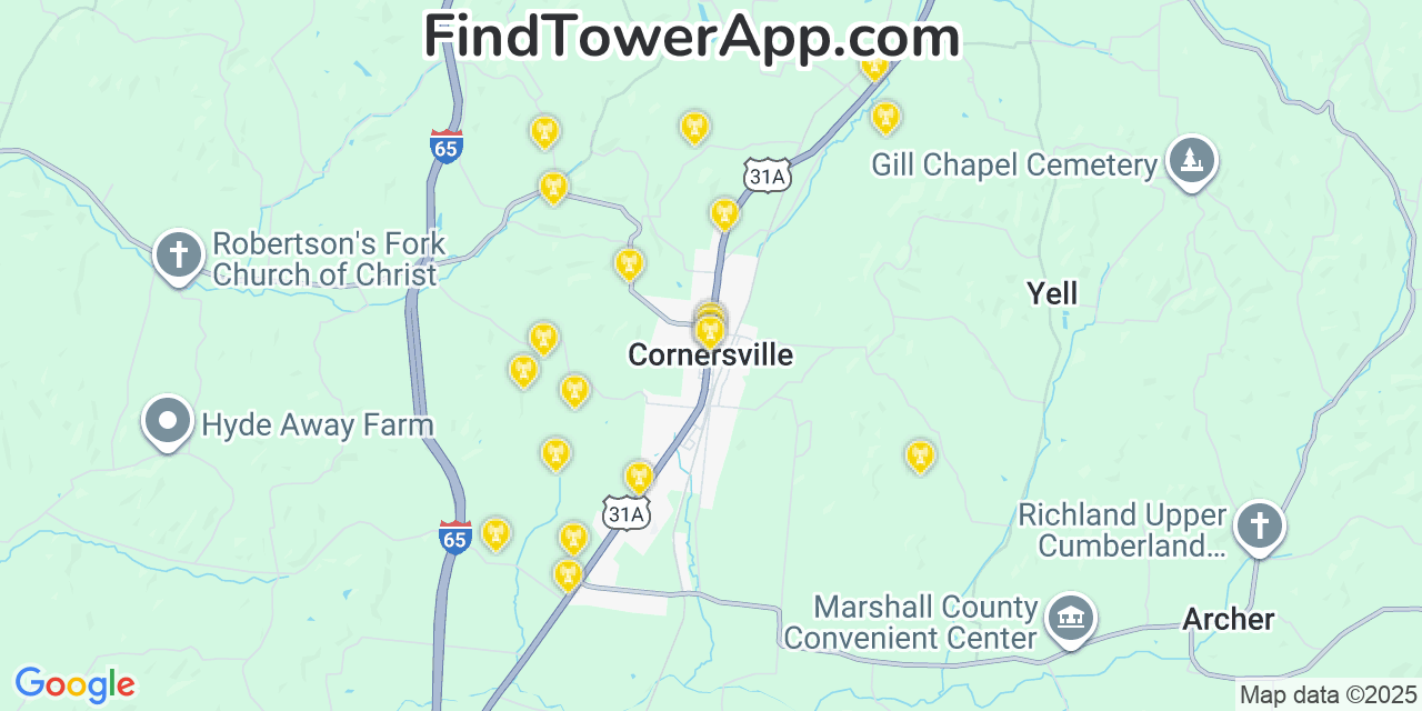 Map showing the 20 primary cell tower locations detected in Cornersville, Tennessee from AT&T, Verizon, and T-Mobile networks