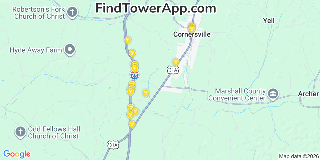 Map showing the 20 primary cell tower locations detected in Cornersville, Tennessee from AT&T, Verizon, and T-Mobile networks