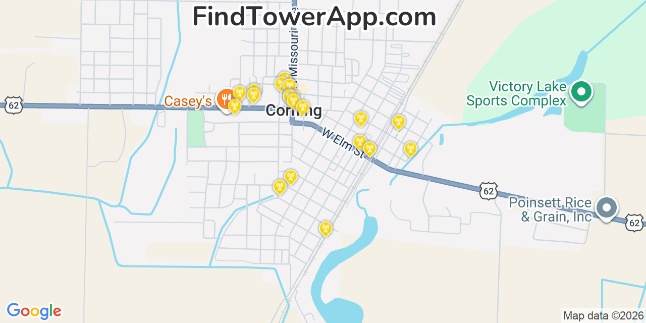 Map showing the 20 primary cell tower locations detected in Corning, Arkansas from AT&T, Verizon, and T-Mobile networks